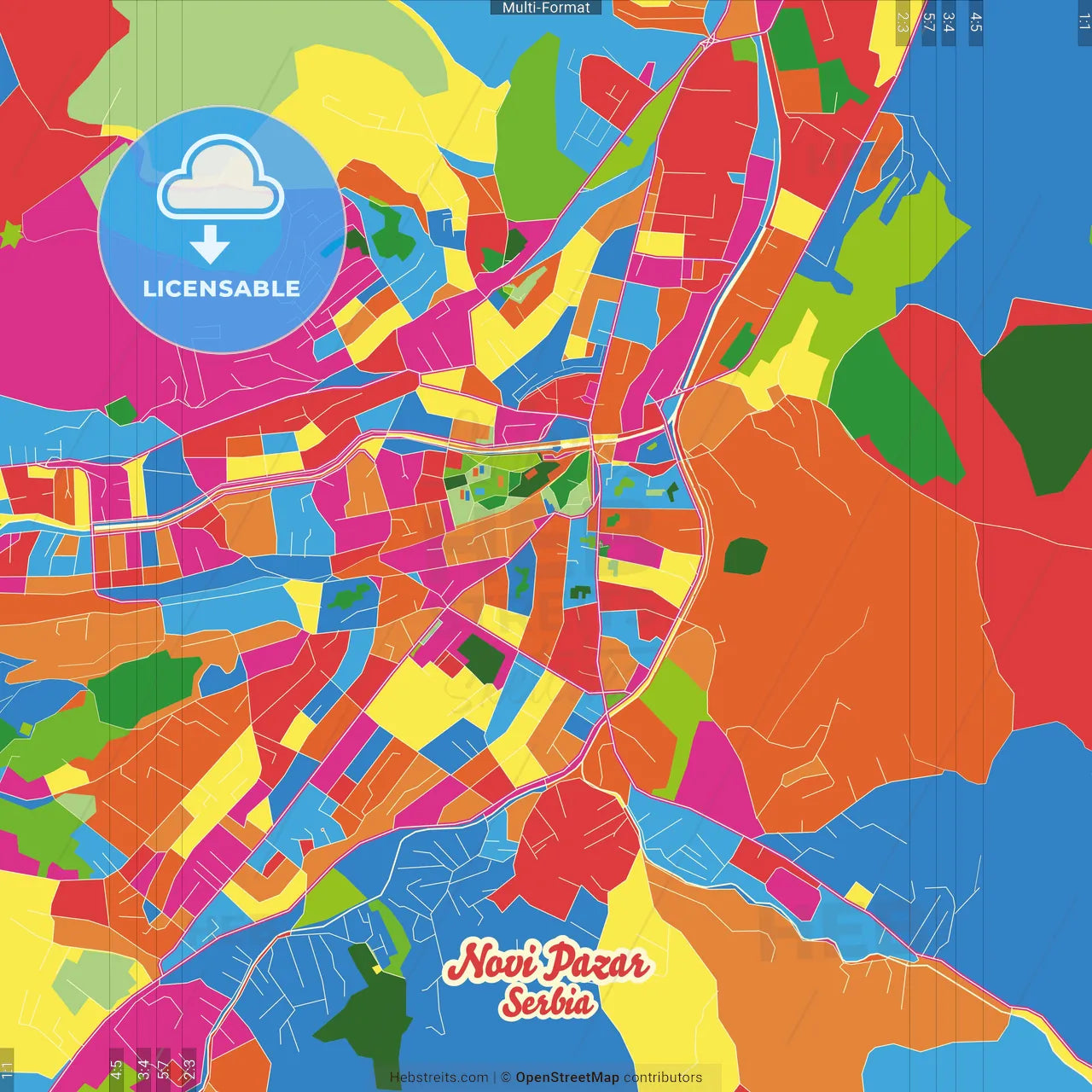 Novi Pazar, Raška, Serbia Crazy Colorful Street Map Poster Template