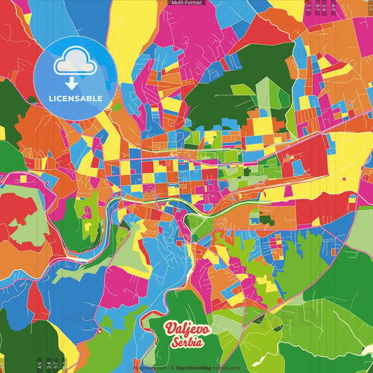Valjevo, Kolubara, Serbia Crazy Colorful Street Map Poster Template