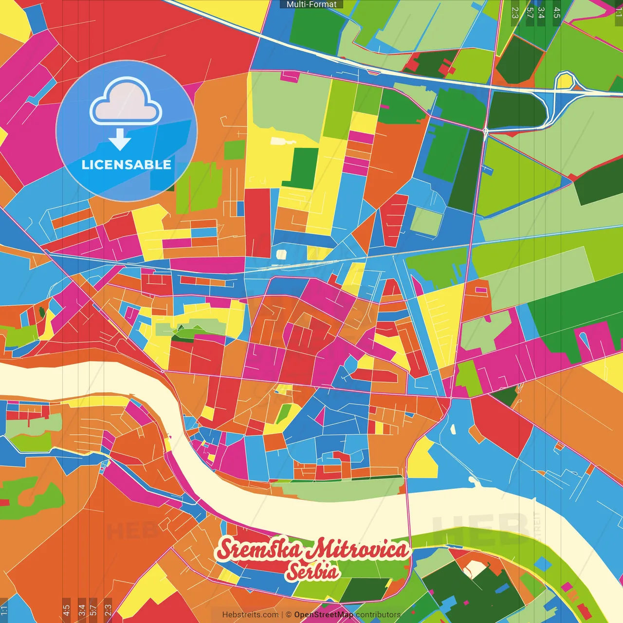 Sremska Mitrovica, Srem, Serbia Crazy Colorful Street Map Poster Template