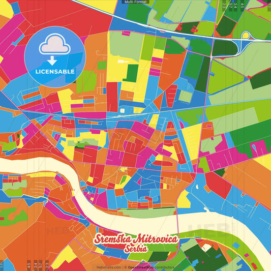 Sremska Mitrovica, Srem, Serbia Crazy Colorful Street Map Poster Template