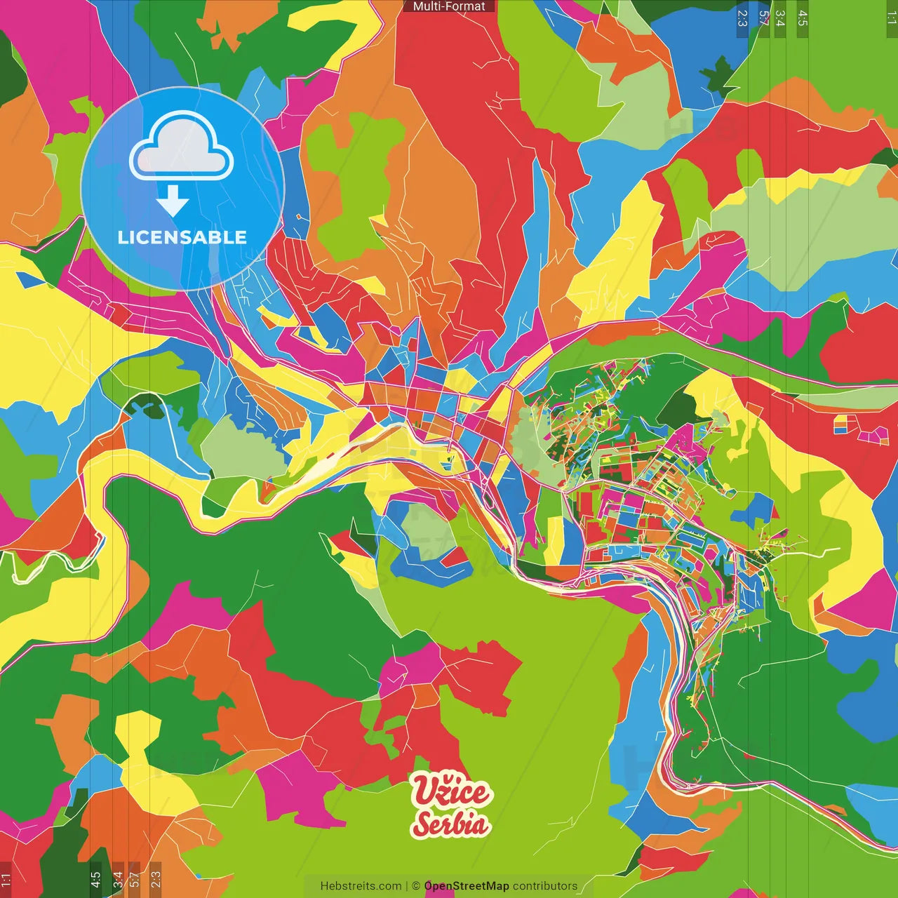 Užice, Zlatibor, Serbia Crazy Colorful Street Map Poster Template