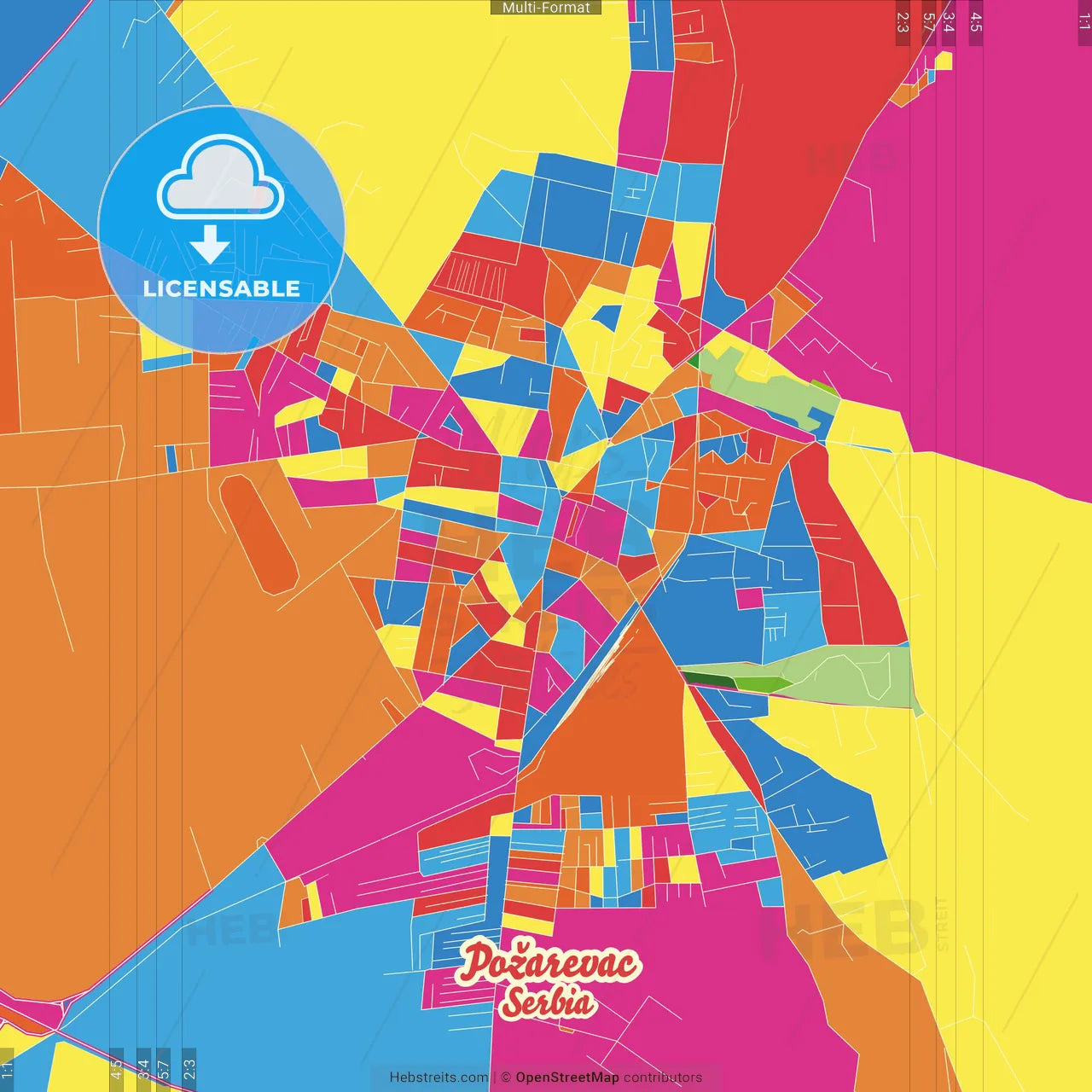 Požarevac, Braničevo, Serbia Crazy Colorful Street Map Poster Template