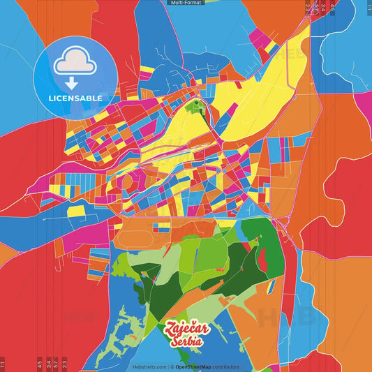 Zaječar, Zaječar, Serbia Crazy Colorful Street Map Poster Template