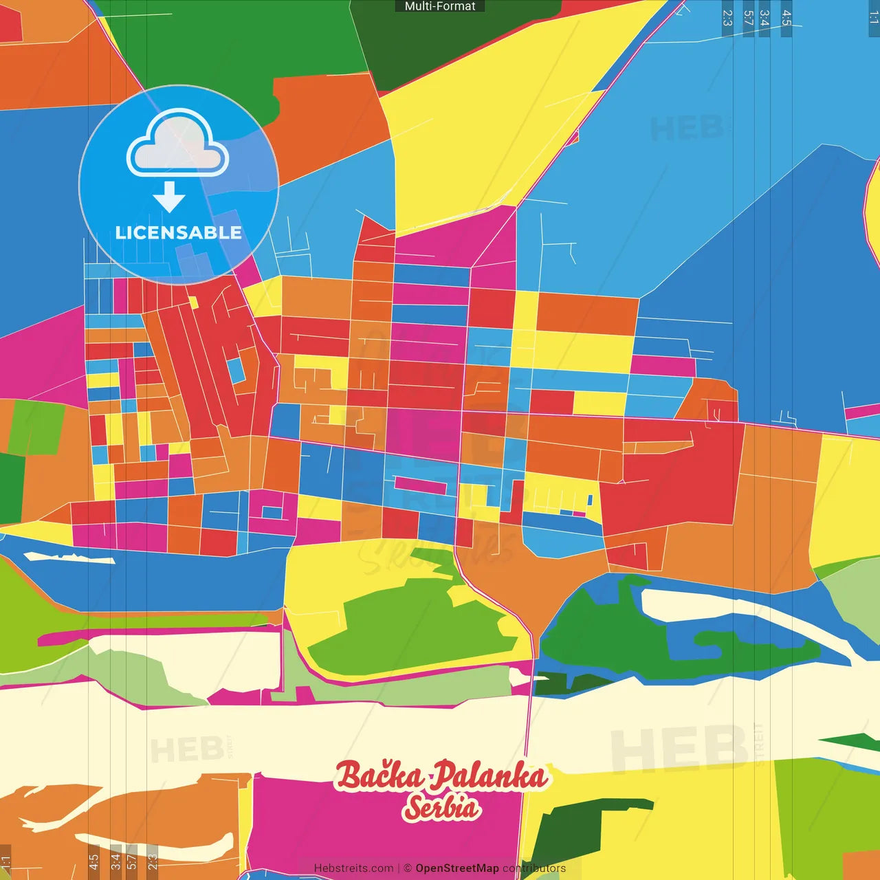 Bačka Palanka, South Bačka, Serbia Crazy Colorful Street Map Poster Template