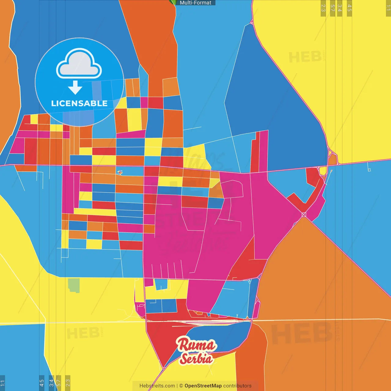 Ruma, Srem, Serbia Crazy Colorful Street Map Poster Template