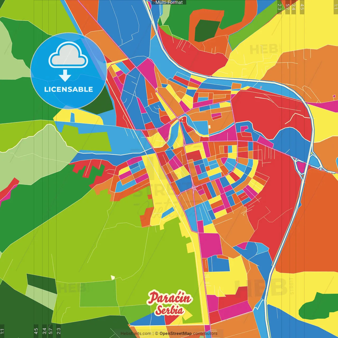 Paraćin, Pomoravlje, Serbia Crazy Colorful Street Map Poster Template