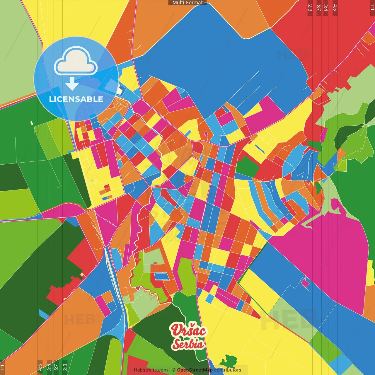 Vršac, South Banat, Serbia Crazy Colorful Street Map Poster Template