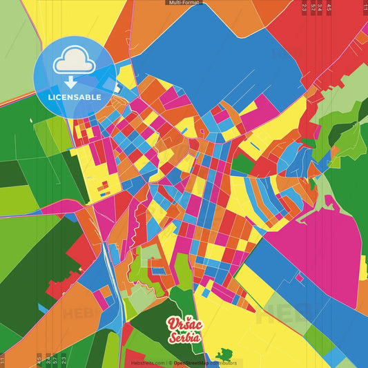 Vršac, South Banat, Serbia Crazy Colorful Street Map Poster Template