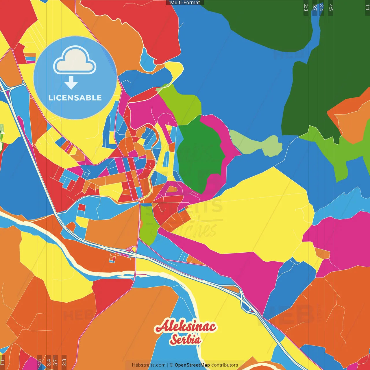 Aleksinac, Nišava, Serbia Crazy Colorful Street Map Poster Template