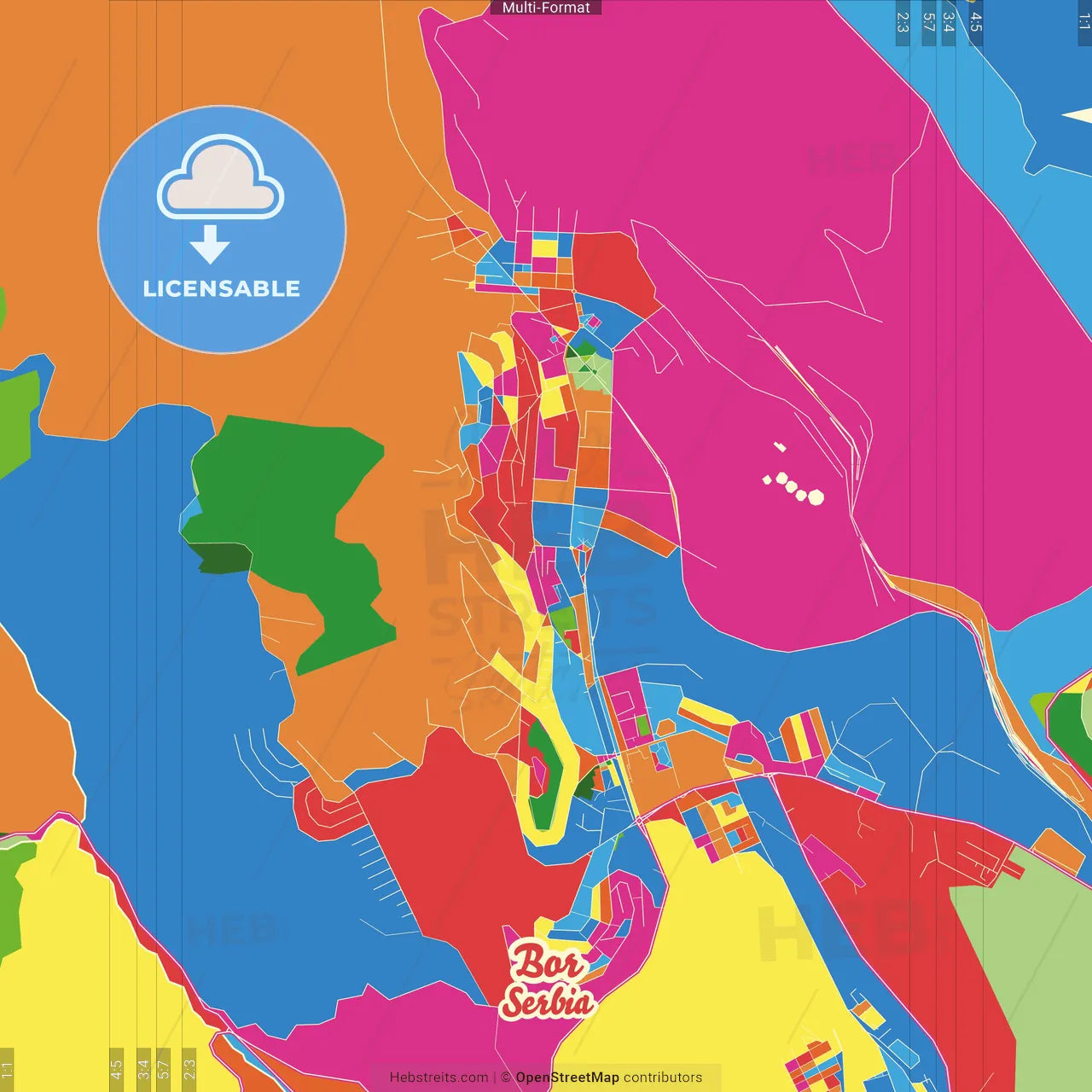 Bor, Bor, Serbia Crazy Colorful Street Map Poster Template