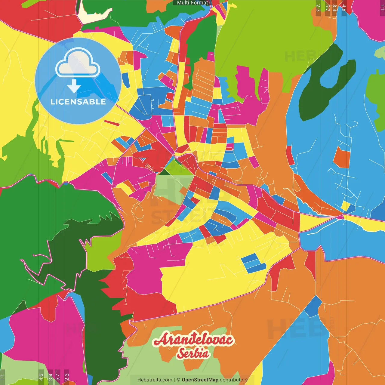 Aranđelovac, Šumadija, Serbia Crazy Colorful Street Map Poster Template
