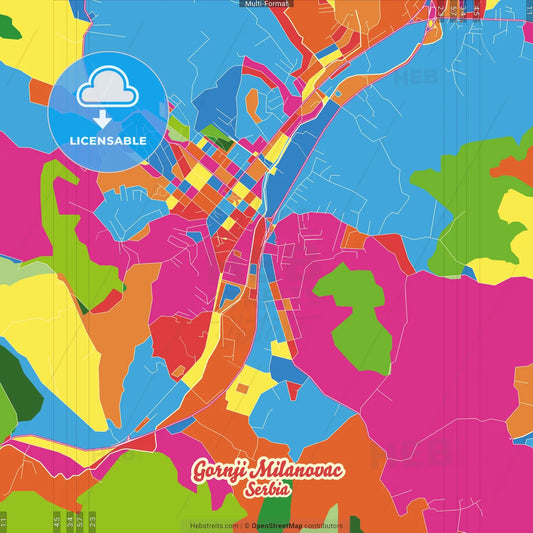 Gornji Milanovac, Moravica, Serbia Crazy Colorful Street Map Poster Template