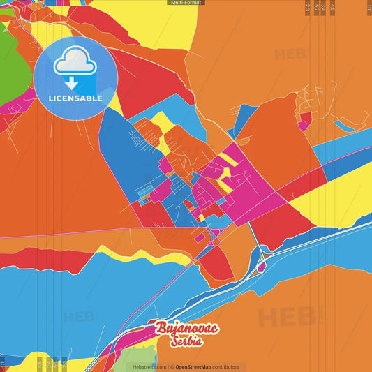 Bujanovac, Pčinja, Serbia Crazy Colorful Street Map Poster Template