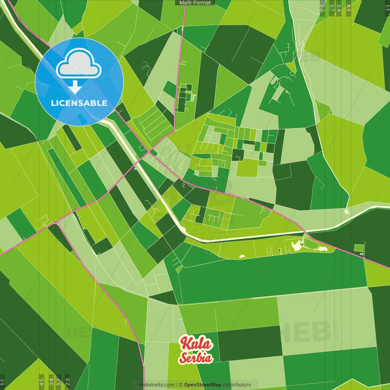 Kula, West Bačka, Serbia Crazy Colorful Street Map Poster Template