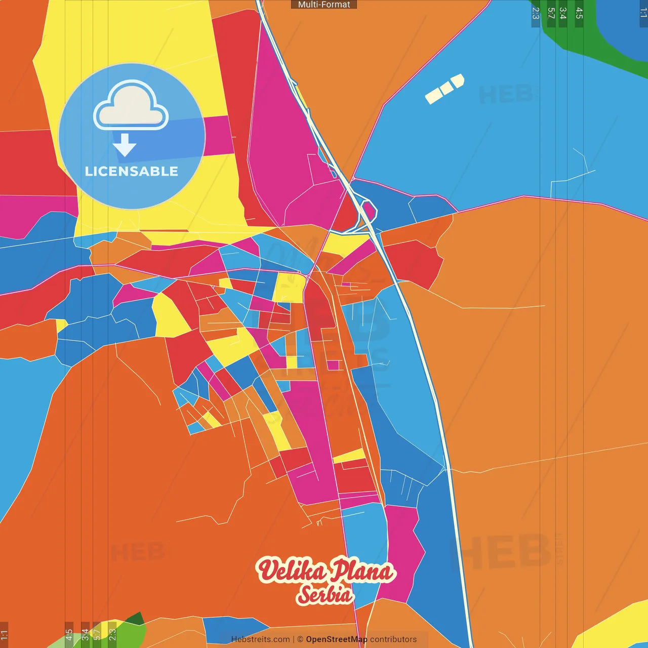 Velika Plana, Podunavlje, Serbia Crazy Colorful Street Map Poster Template
