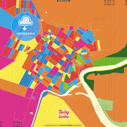 Bečej, South Bačka, Serbia Crazy Colorful Street Map Poster Template