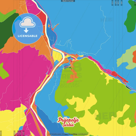 Prijepolje, Zlatibor, Serbia Crazy Colorful Street Map Poster Template