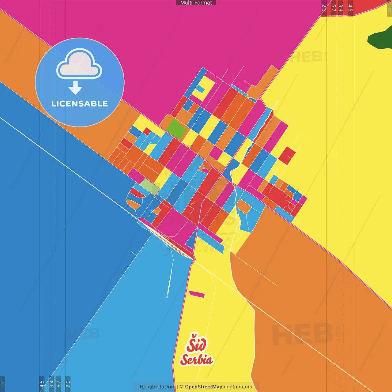 Šid, Srem, Serbia Crazy Colorful Street Map Poster Template