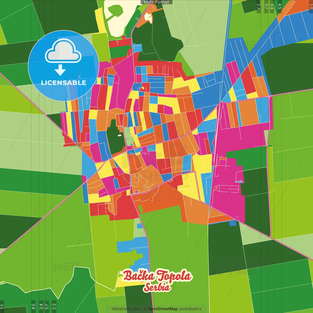 Bačka Topola, North Bačka, Serbia Crazy Colorful Street Map Poster Template