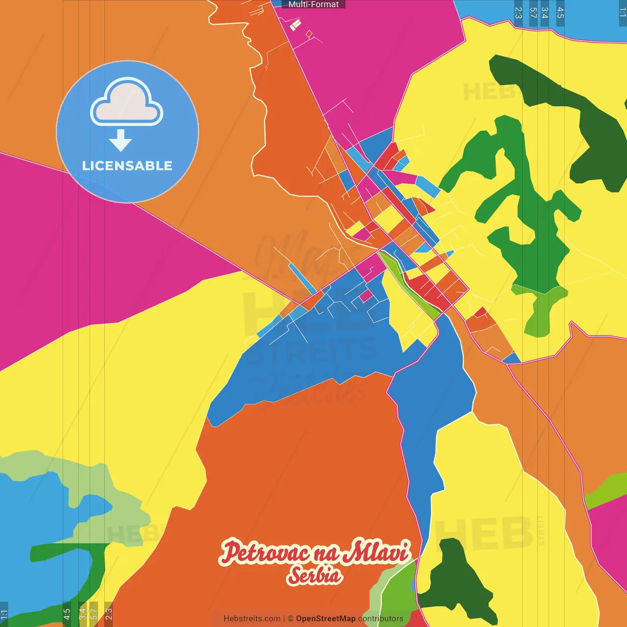 Petrovac na Mlavi, Braničevo, Serbia Crazy Colorful Street Map Poster Template