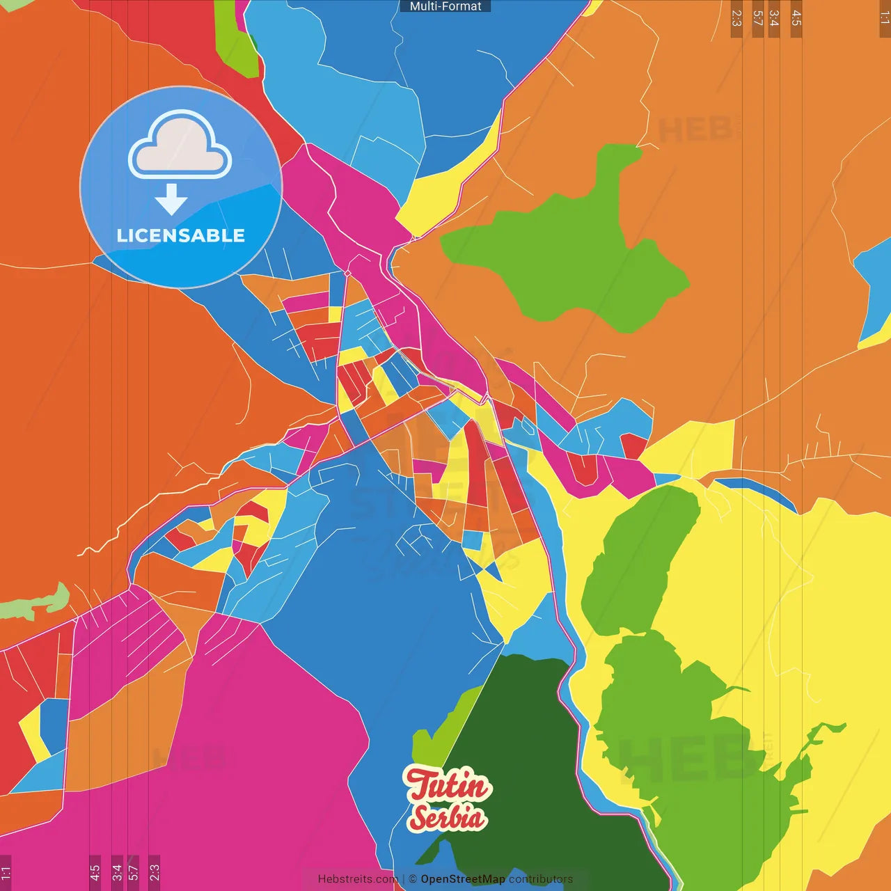 Tutin, Raška, Serbia Crazy Colorful Street Map Poster Template