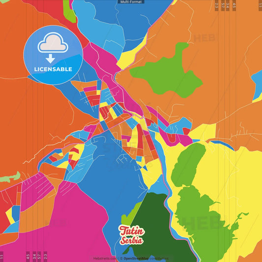 Tutin, Raška, Serbia Crazy Colorful Street Map Poster Template