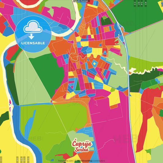 Ćuprija, Pomoravlje, Serbia Crazy Colorful Street Map Poster Template