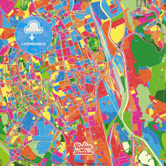 Košice, Košice Region, Slovakia Crazy Colorful Street Map Poster Template