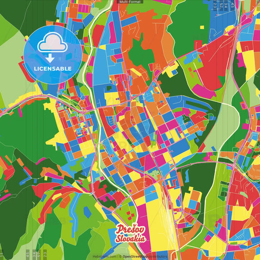 Prešov, Prešov Region, Slovakia Crazy Colorful Street Map Poster Template