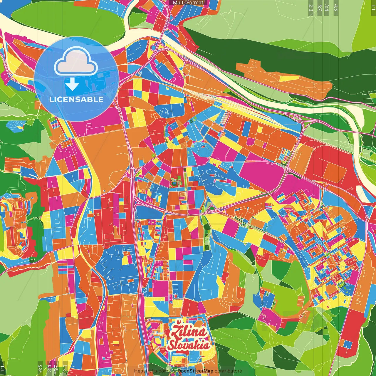 Žilina, Žilina Region, Slovakia Crazy Colorful Street Map Poster Template