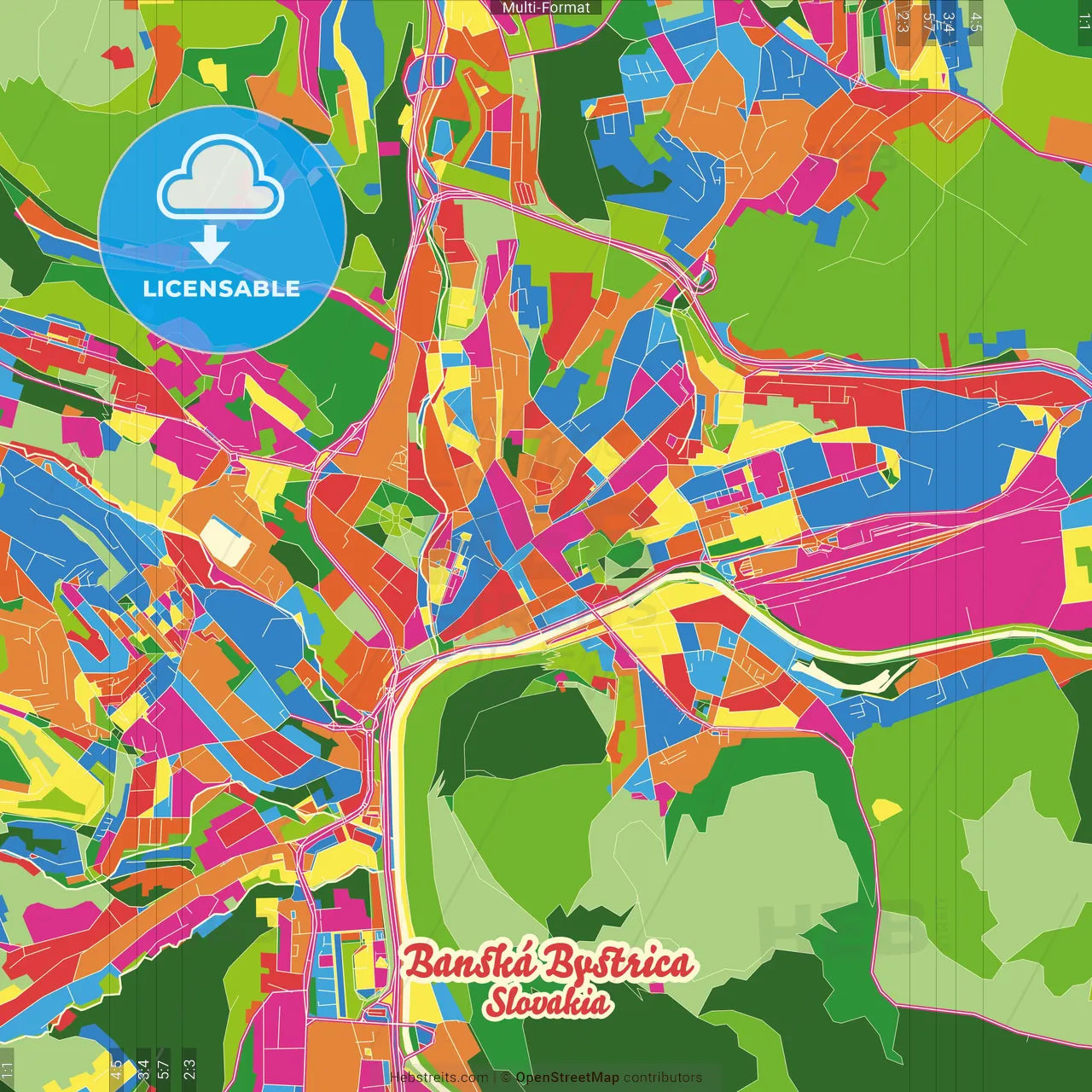Banská Bystrica, Banská Bystrica Region, Slovakia Crazy Colorful Street Map Poster Template