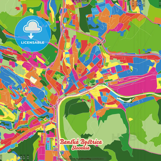Banská Bystrica, Banská Bystrica Region, Slovakia Crazy Colorful Street Map Poster Template