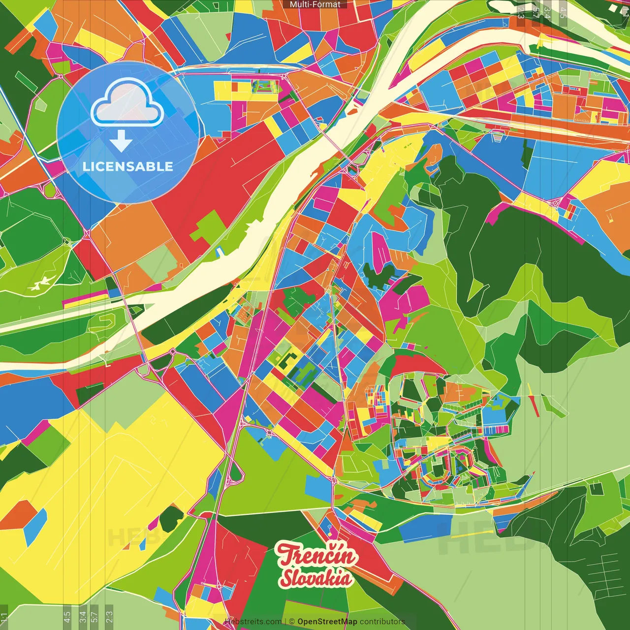 Trenčín, Trenčín Region, Slovakia Crazy Colorful Street Map Poster Template