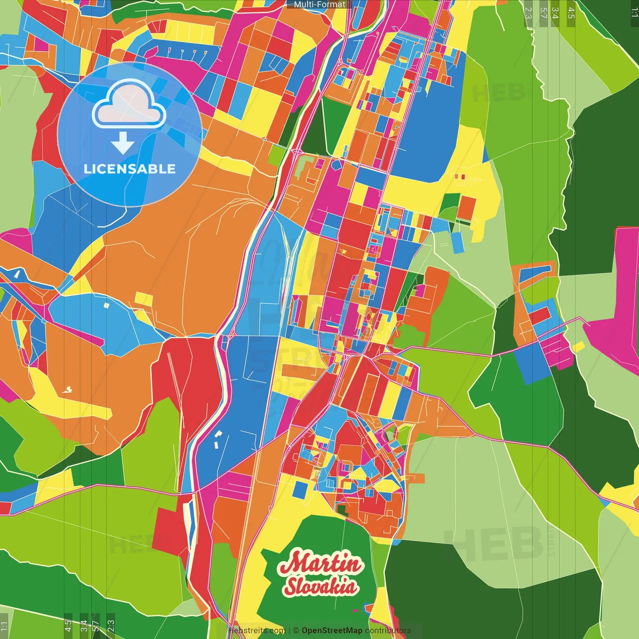 Martin, Žilina Region, Slovakia Crazy Colorful Street Map Poster Template