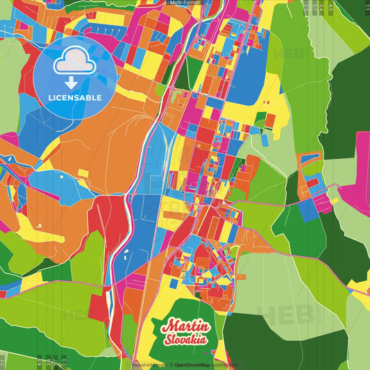 Martin, Žilina Region, Slovakia Crazy Colorful Street Map Poster Template