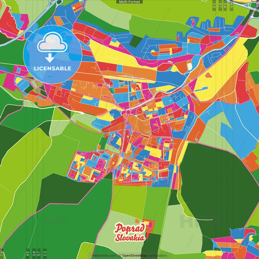 Poprad, Prešov Region, Slovakia Crazy Colorful Street Map Poster Template