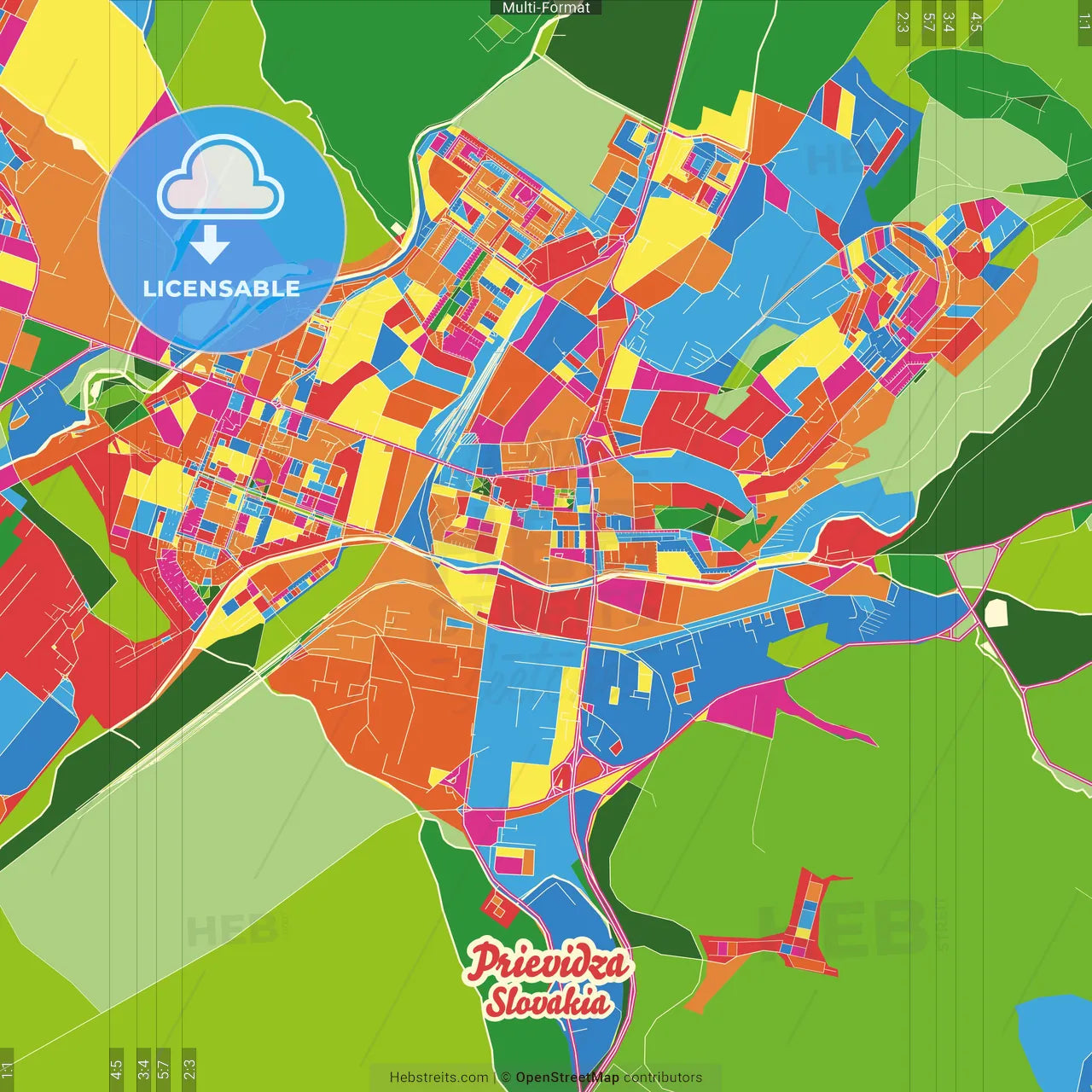 Prievidza, Trenčín Region, Slovakia Crazy Colorful Street Map Poster Template