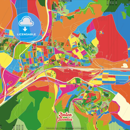 Zvolen, Banská Bystrica Region, Slovakia Crazy Colorful Street Map Poster Template