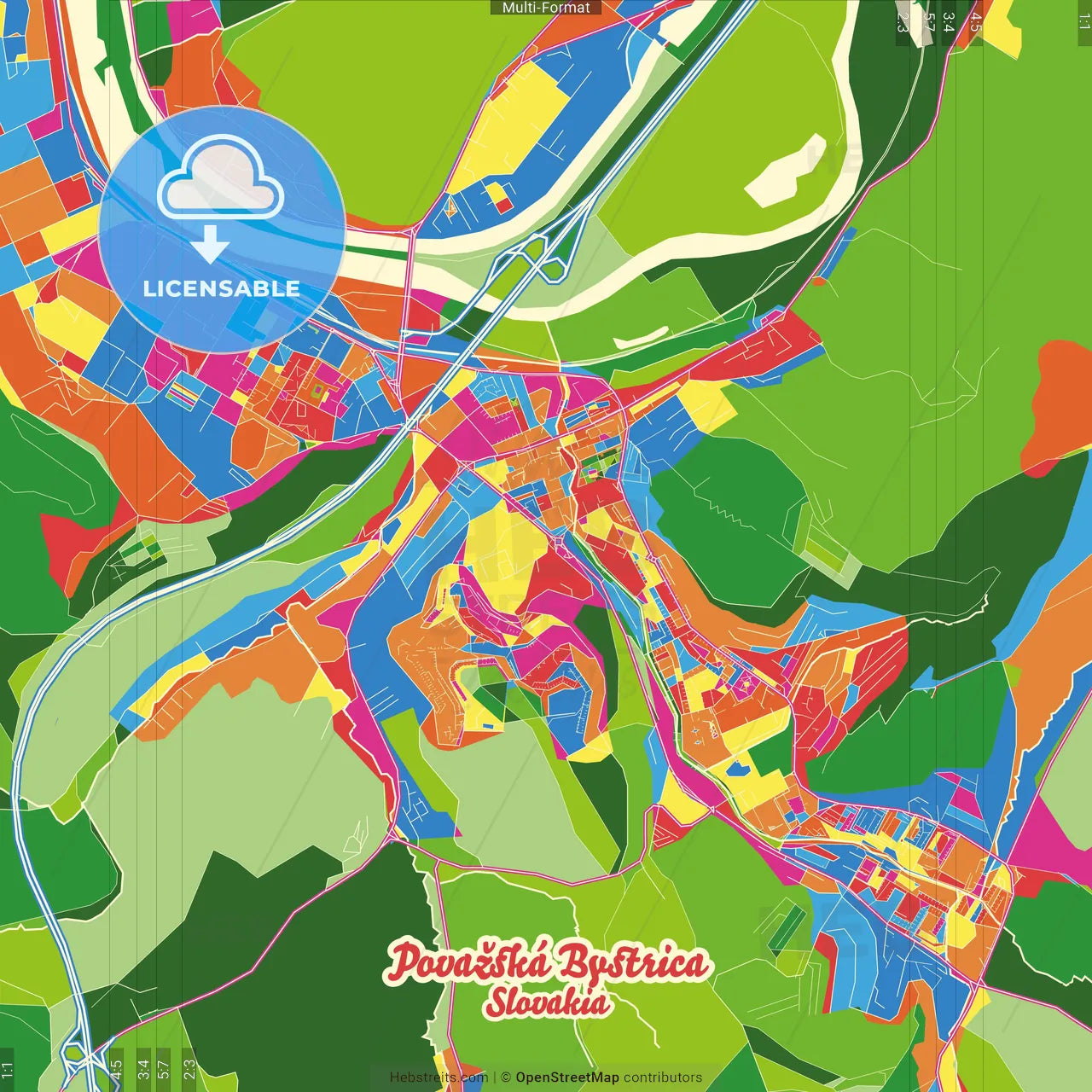 Považská Bystrica, Trenčín Region, Slovakia Crazy Colorful Street Map Poster Template