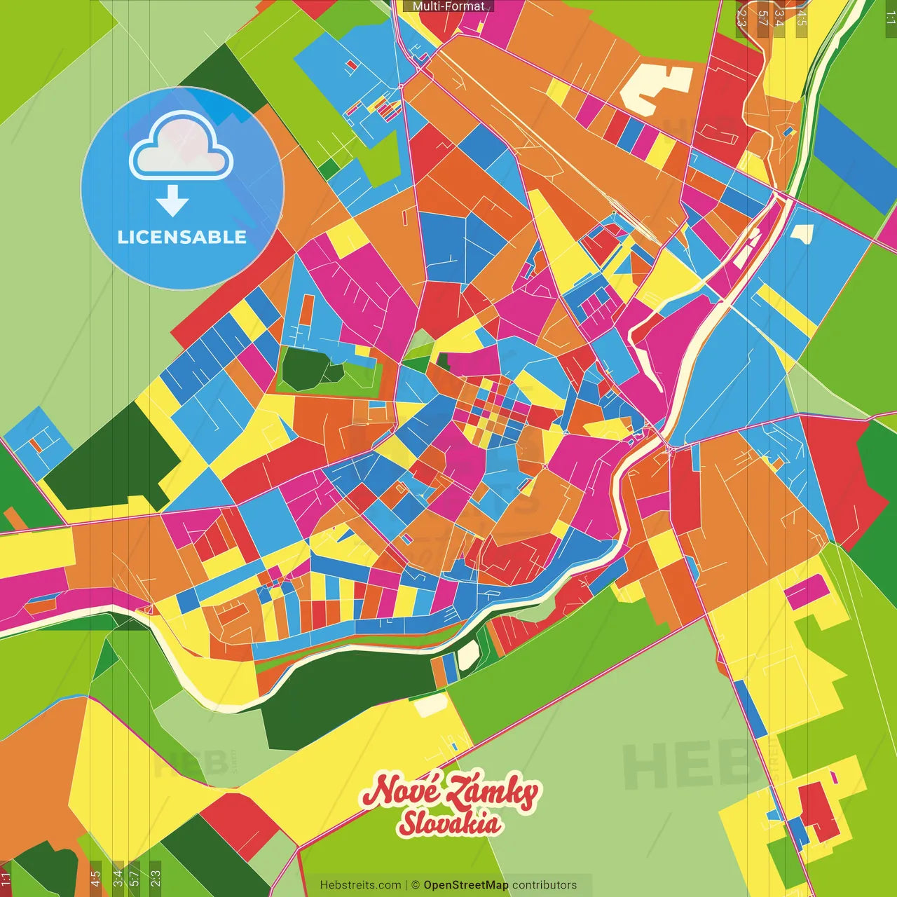Nové Zámky, Nitra Region, Slovakia Crazy Colorful Street Map Poster Template