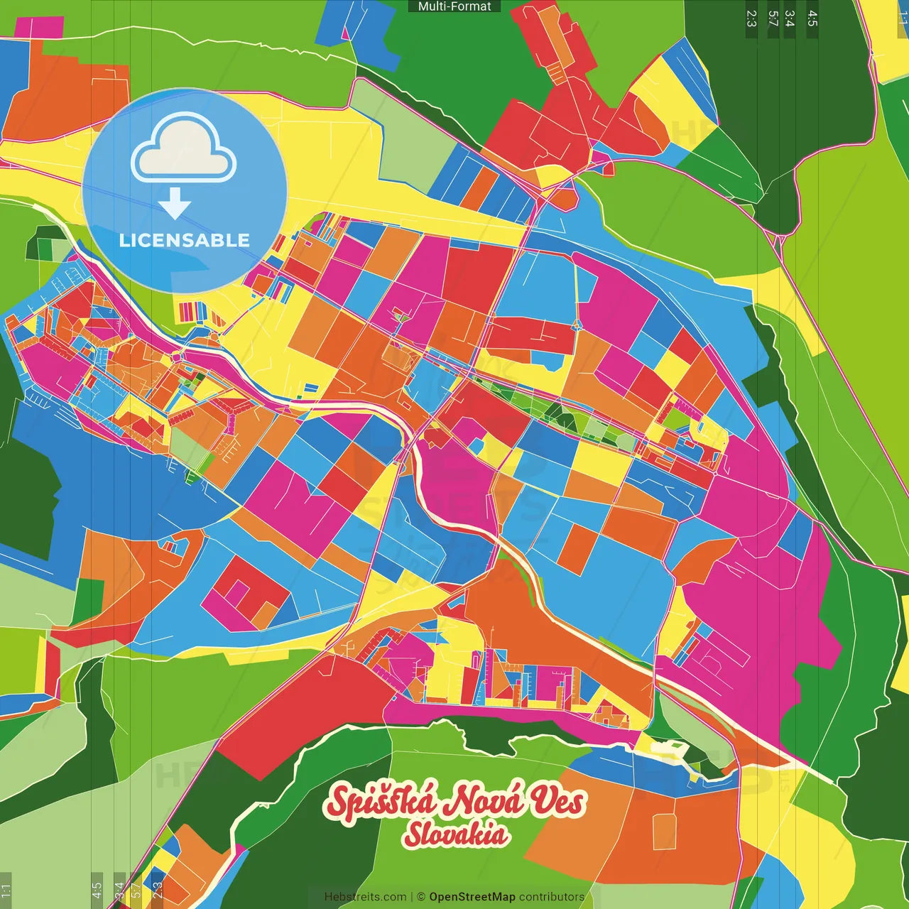 Spišská Nová Ves, Košice Region, Slovakia Crazy Colorful Street Map Poster Template