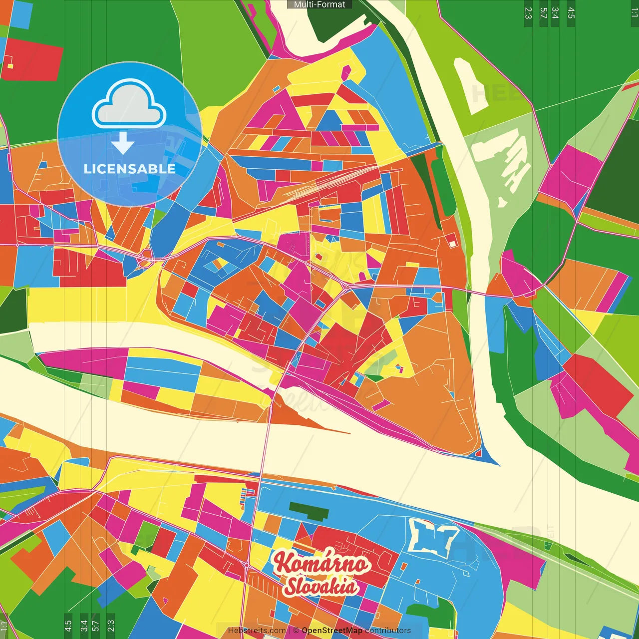 Komárno, Nitra Region, Slovakia Crazy Colorful Street Map Poster Template