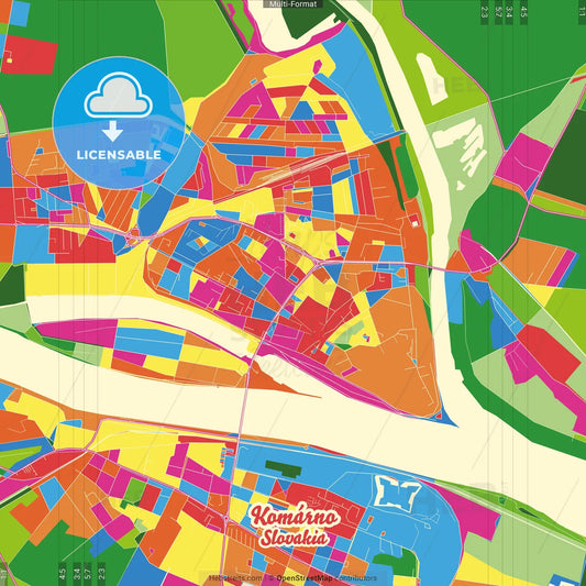 Komárno, Nitra Region, Slovakia Crazy Colorful Street Map Poster Template