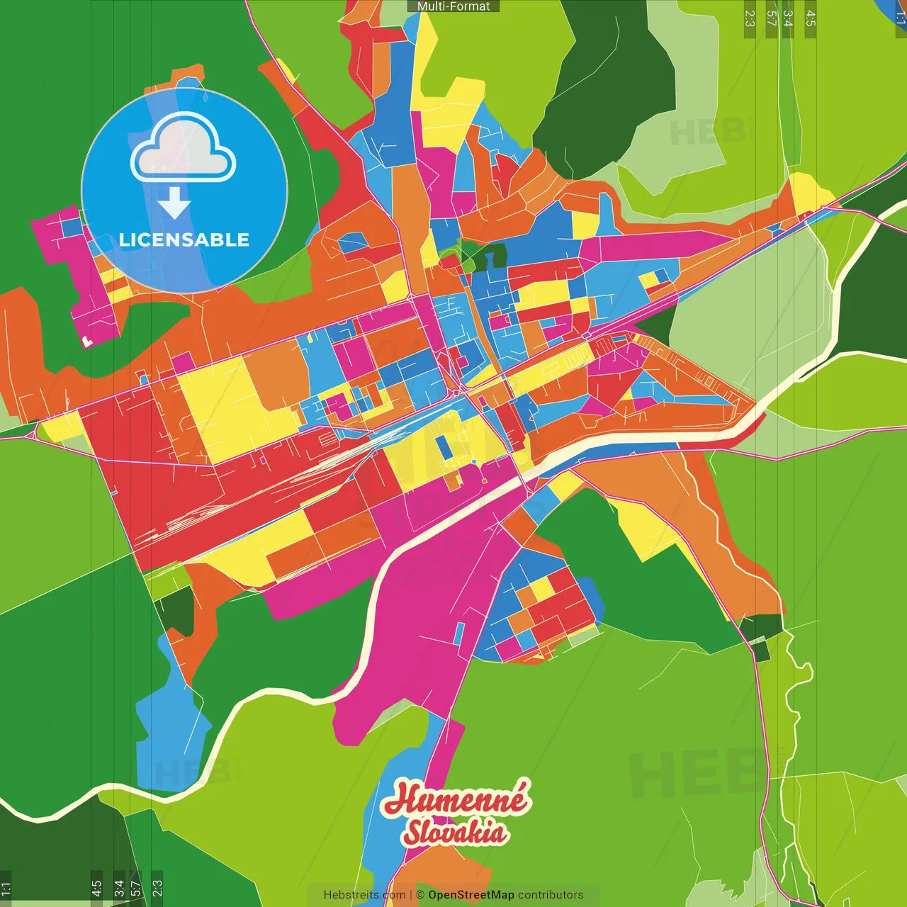 Humenné, Prešov Region, Slovakia Crazy Colorful Street Map Poster Template