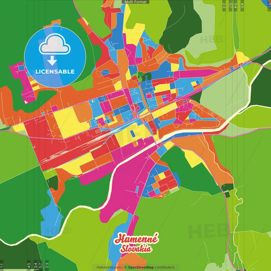 Humenné, Prešov Region, Slovakia Crazy Colorful Street Map Poster Template