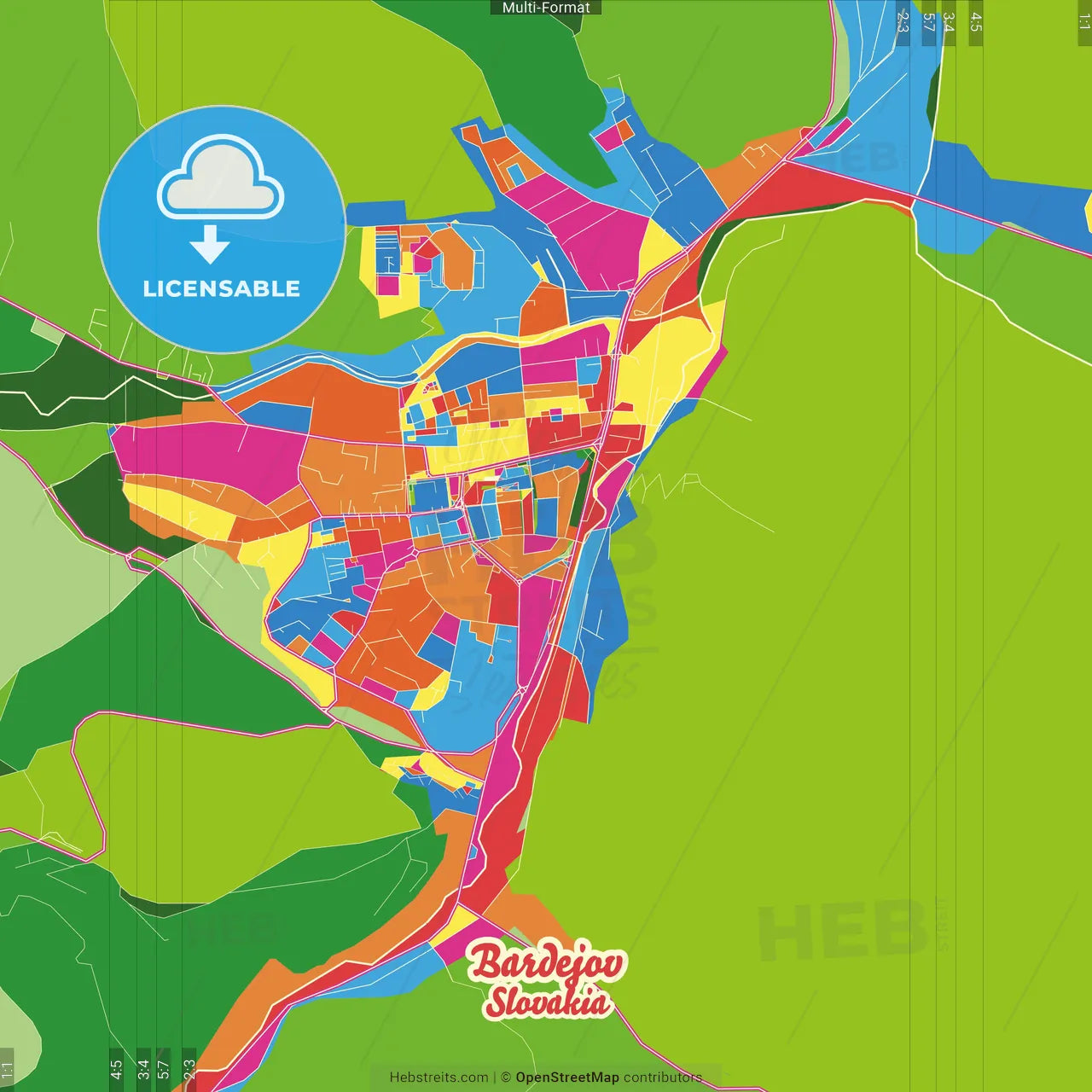 Bardejov, Prešov Region, Slovakia Crazy Colorful Street Map Poster Template