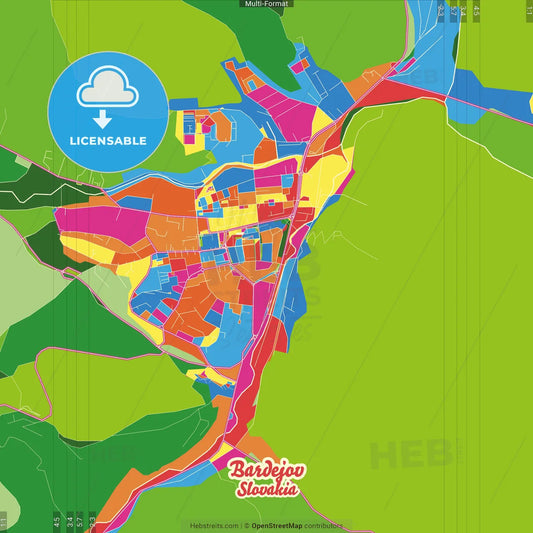 Bardejov, Prešov Region, Slovakia Crazy Colorful Street Map Poster Template