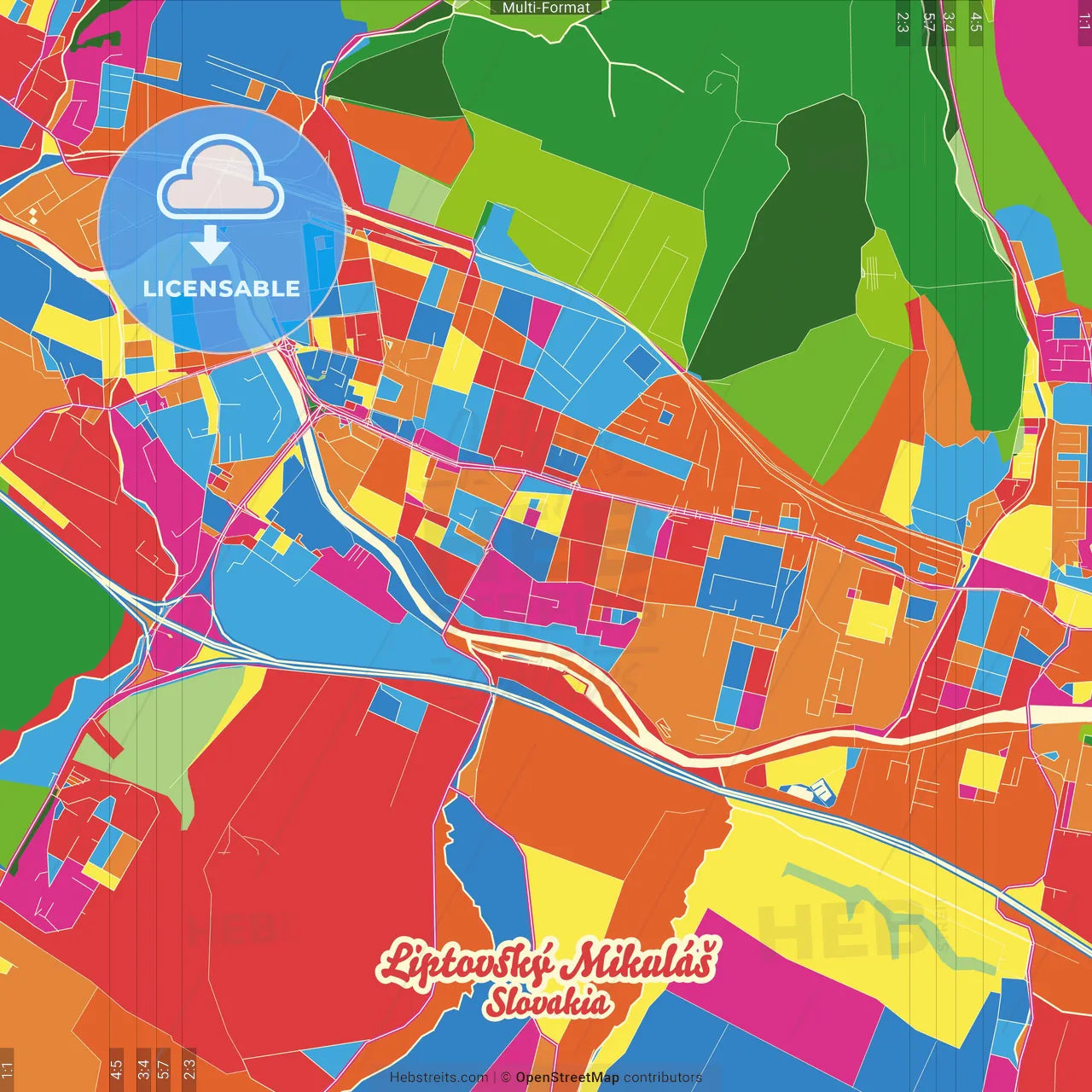 Liptovský Mikuláš, Žilina Region, Slovakia Crazy Colorful Street Map Poster Template