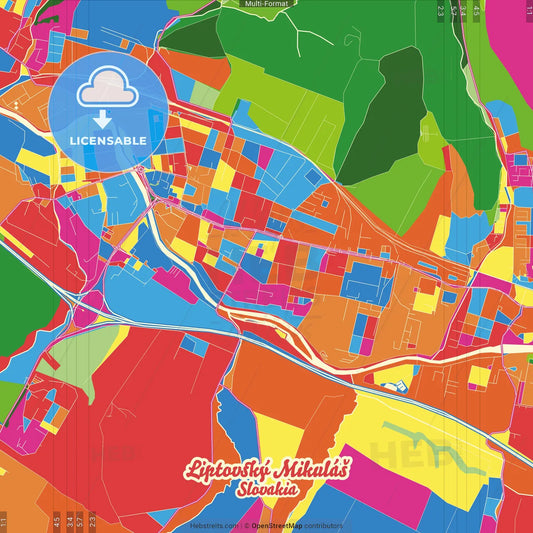 Liptovský Mikuláš, Žilina Region, Slovakia Crazy Colorful Street Map Poster Template