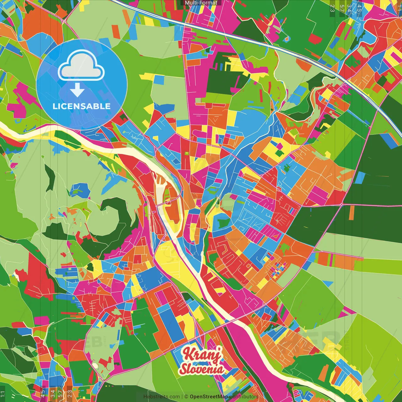 Kranj, Slovenia Crazy Colorful Street Map Poster Template